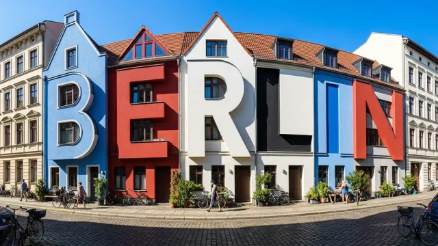 Old houses on a Berlin street shaped like the letters of the word BERLIN