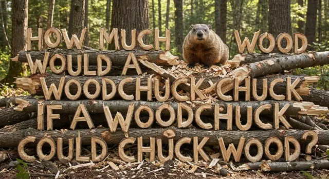 The phrase “How much wood would a woodchuck chuck” spelled out in chopped wood