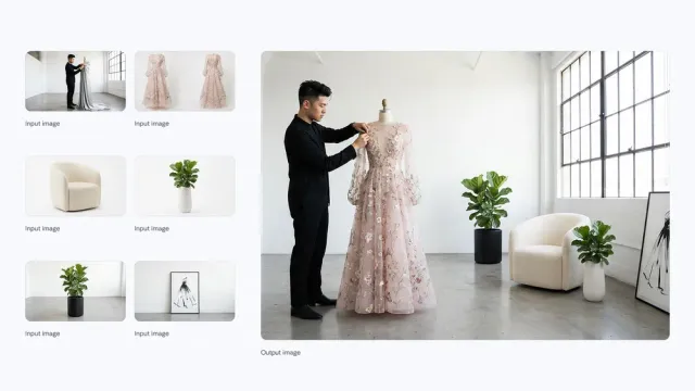 A gown, plants and a chair combined into one cinematic scene with a mannequin