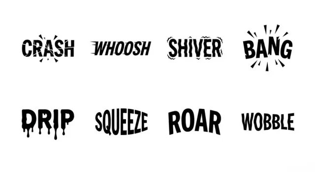 Eight expressive word logos: crash, whoosh, shiver, bang, drip, squeeze, roar and wobble