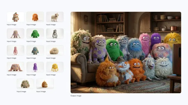 Fourteen fluffy characters squeezed onto a sofa, watching a vintage television