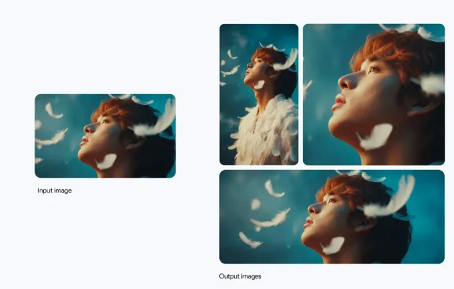A portrait recomposed into new aspect ratios with the subject kept in place