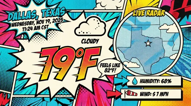 A comic-book style weather infographic for Dallas, Texas, built from live weather data