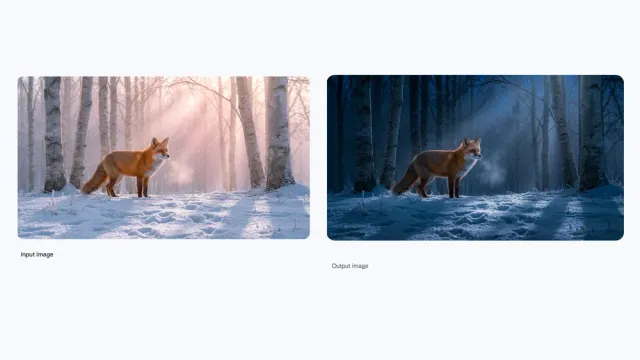 A fox in a snowy forest by day, then the same scene at night