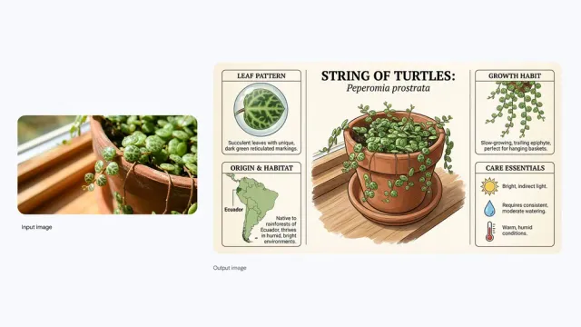 An infographic about the String of Turtles house plant, made from a photo of the plant