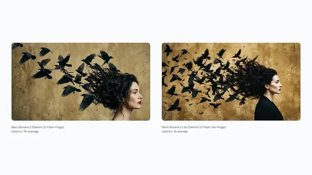 A woman in profile whose hair turns into a flock of birds, from both models