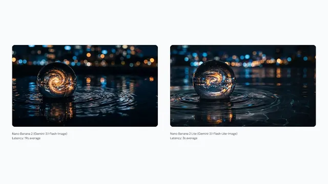 A clear glass sphere resting on rippling dark water, from both models