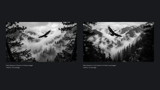 A dark bird flying over a valley filled with mist, from both models