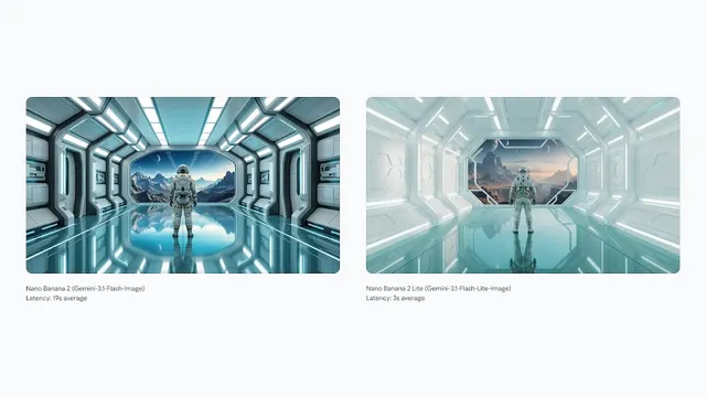 An astronaut at the end of a futuristic corridor, generated by Nano Banana 2 and by Nano Banana 2 Lite