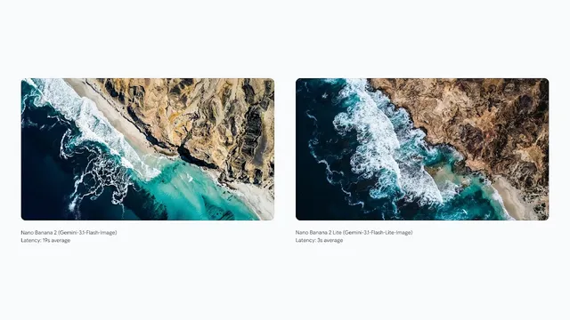 An aerial view of a coastline split by a diagonal line of land and sea, from both models