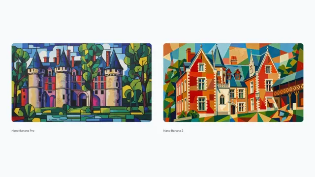 Museum Clos Lucé painted in bright Synthetic Cubism, compared with Nano Banana Pro