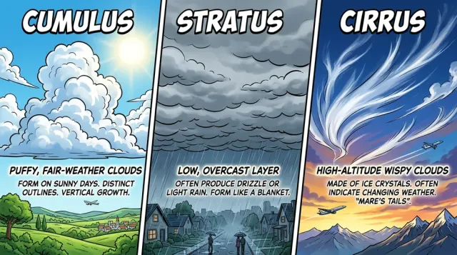 A three-panel comic infographic comparing cumulus, stratus and cirrus clouds