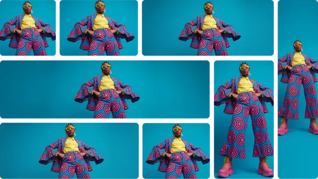 The same pop-art portrait composed for many different aspect ratios