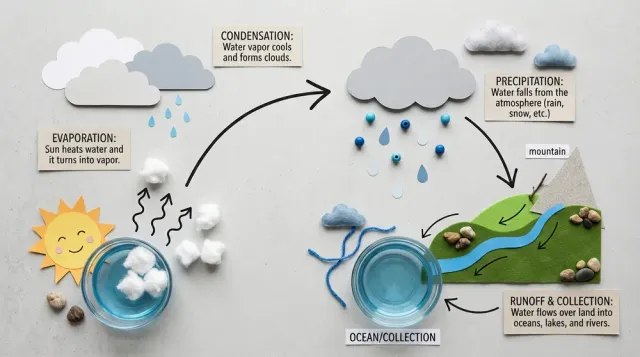 A flat-lay infographic of the water cycle built from paper clouds, cotton balls and hand-drawn arrows