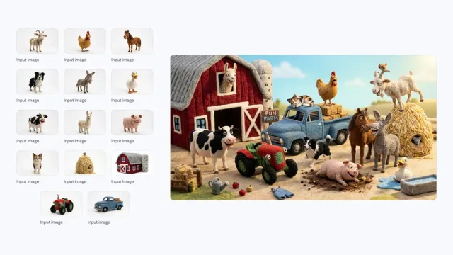 Fourteen felt-textured farm characters and objects, then all of them together in one farm scene