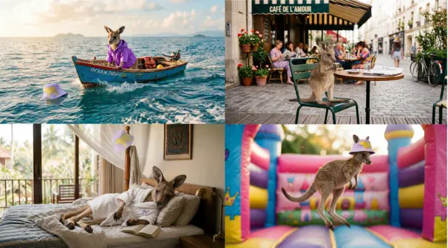 A baby kangaroo in the same hat on a boat, in a café, on a hotel bed and in a bouncy castle