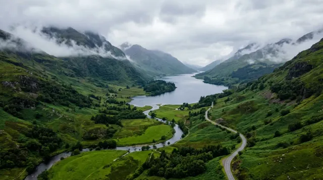 A moody aerial photograph of a misty green valley with a winding river